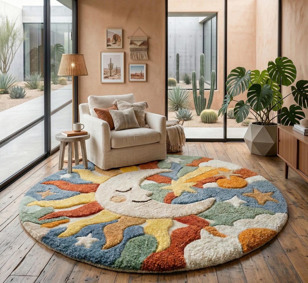 Abstract Moon Rugs Celestial Hand-tufted Rug, Sun & Moon Round Wool Area Rug, Colorful ...