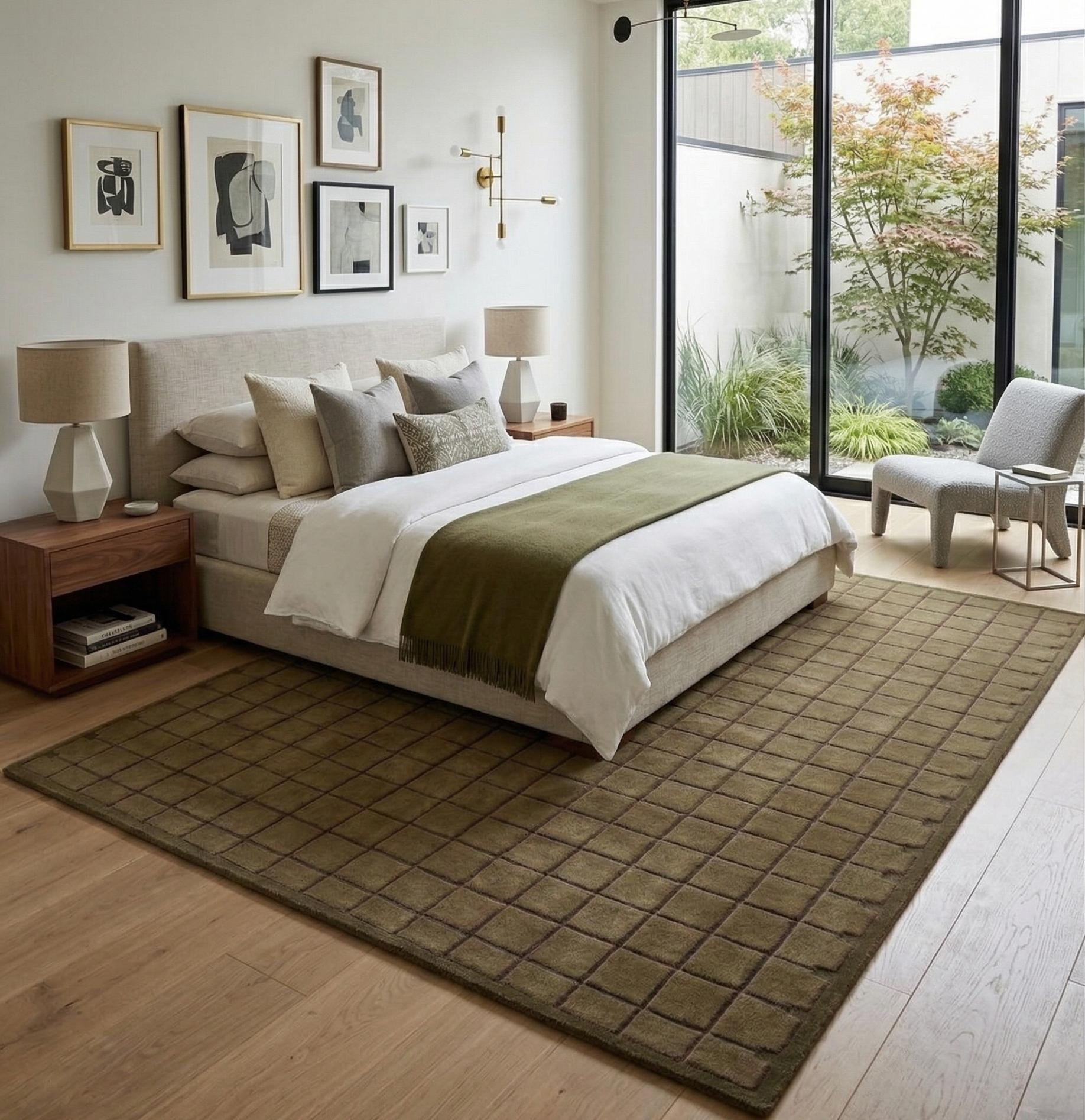 Olive Green Rugs Pattern Hand Tufted Wool Rug | Olive Green Grid Texture Carpet | Modern ...
