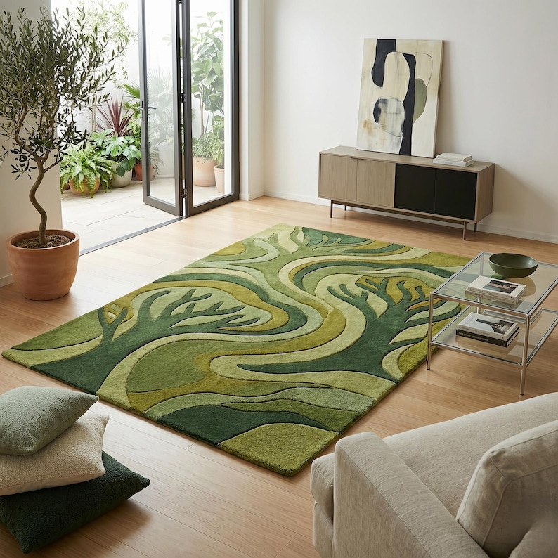 May include: A green area rug with a tree design in varying shades of green. The rug is rectangular and placed on a hardwood floor in a living room setting. The room includes a sofa, coffee table, and a potted olive tree.
