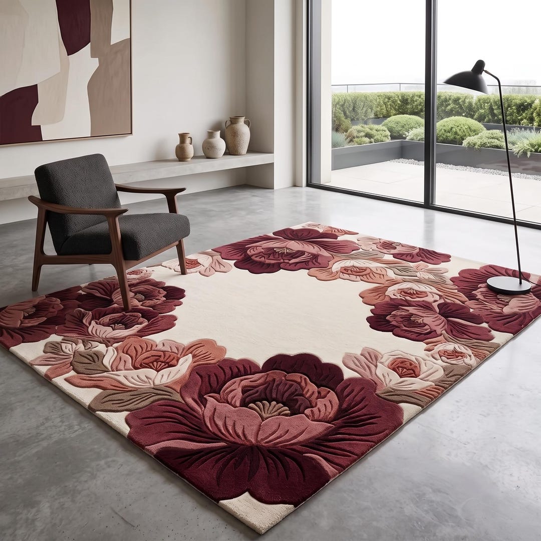 Floral Hand Tufted Wool Rug, Rose Pattern Area Rug, Modern Flower ...