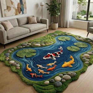 Handmade 3D Koi Fish Rug - Biophilic Design Statement Piece - Mossy Pond Tufted Carpet image 5