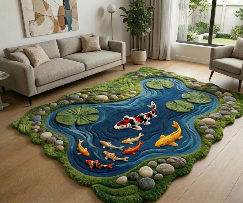 Handmade 3D Koi Fish Rug - Biophilic Design Statement Piece - Mossy Pond Tufted Carpet image 5