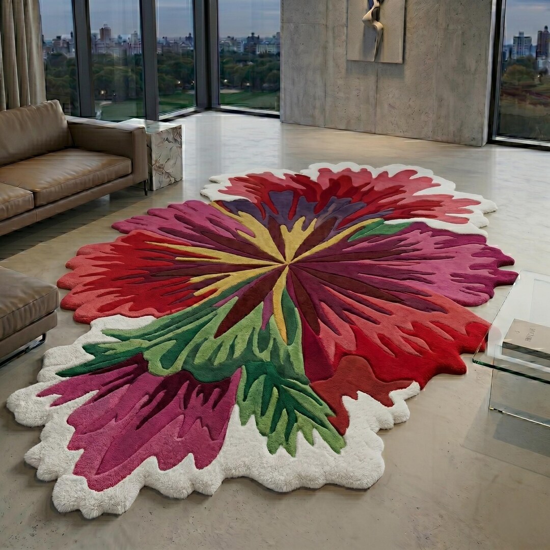 Hand Tufted Flower Shaped Wool Rug, Forest Green & Purple Botanical Rug ...