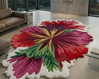 Hand Tufted Flower Shaped Wool Rug, Forest Green & Purple Botanical Rug, Home Decor Carpet