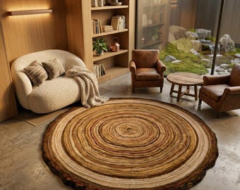 Hand Tufted Wool Rug, Round Tree Ring Area Rug, Modern Nature Inspired Carpet