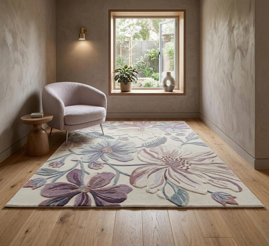 Hand-tufted 3D Floral Area Rug - Luxury Wool Botanical Carpet - Thick ...