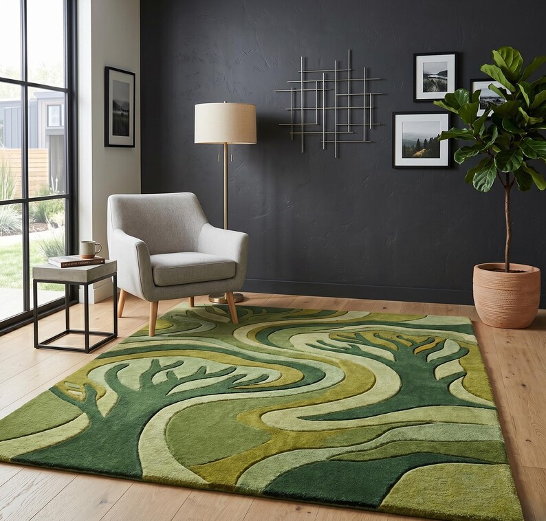May include: A green area rug with a tree design in varying shades of green. The rug is rectangular and placed on a hardwood floor. A gray armchair and a side table are in the background.