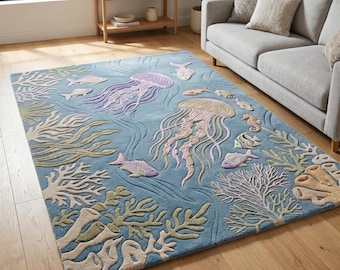 Jellyfish Hand Tufted Rug - Modern Ocean Theme Area Rug, Coastal Home Decor