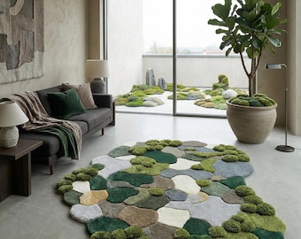 Handmade Moss Tufted Rug, Organic Pebble Shape Wool Area Rug, Nature Inspired Green Carpet