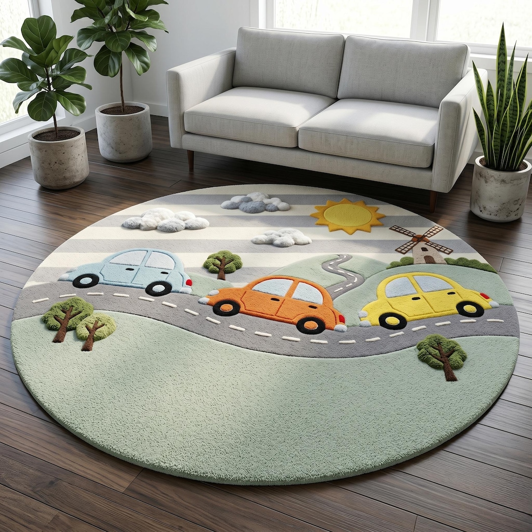 Car Adventure Hand Tufted Wool Rug - Round Kids Nursery Decor - Playful ...