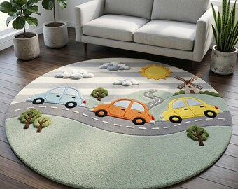 Car Adventure Hand Tufted Wool Rug - Round Kids Nursery Decor - Playful Road Trip Carpet