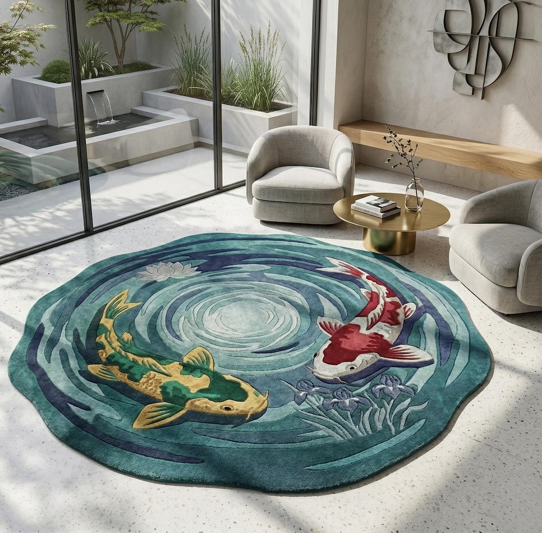 Pond Rug Design Handmade Koi Pond Tufted Rug, Round 3D Fish Carpet, Teal Water Lily ...