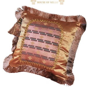 Portal Pillow 4- Luxury Rose Gold Fringe Cushion, Baroque Cherub Accent, Maximalist Boho Throw, Designer Artisan Sofa Decor, Handmade Pillow