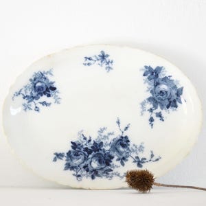 Antique English Blue and White Burslem Platter, Antique Blue and White Platter, Rose Plates, Rose Ceramic Print, Small Platter, Floral Plate