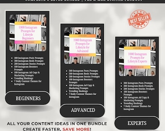 May include: A digital product bundle with three levels: Beginners, Advanced, and Experts. Each level includes 1000 Instagram prompts for lifestyle content. The bundle promises to help users create content faster and scale their social media presence.
