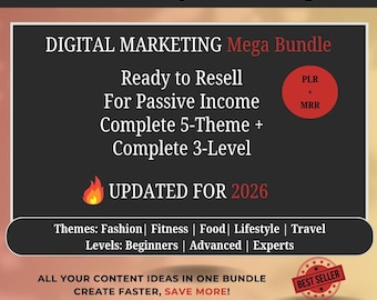 May include: A digital marketing mega bundle graphic with the text "15000 Instagram Prompts." The image includes text about reselling for passive income, 5 themes, and 3 levels. It also includes the text "Updated for 2026" and "Best Seller."