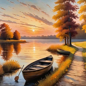 Herbst See Sonnenuntergang Poster: Rustikales Seehaus Wandbild (Digital Download).