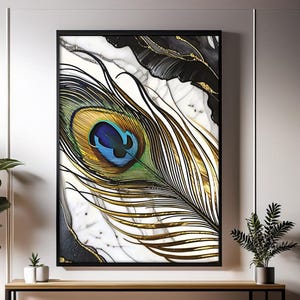 Peacock Feather Marble Print: Gold Accent Abstract Art (Digital Download
