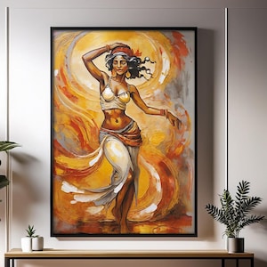 Boho Dancer Wall Art – Abstract Romani Woman, Belly Dance Poster, Orange & Gold, Printable Digital Download, Bohemian Home Decor