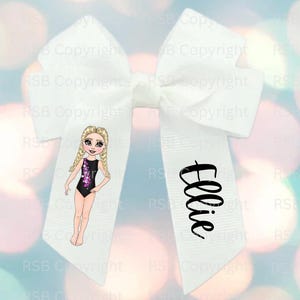 May include: White hair bow featuring a cartoon gymnast and the name "Ellie" in black script. The gymnast is in a black leotard with purple details. A classic hair accessory.