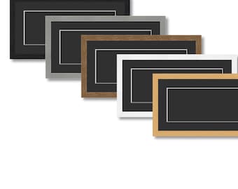 May include: A collection of rectangular picture frames in various colors, including black, gray, brown, white, and tan. Each frame has a black interior and a white matting border, suitable for displaying photographs or artwork.