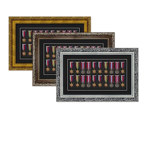 Puede incluir: Tres exhibiciones enmarcadas de medallas militares. Los marcos son dorados, marrones y plateados. Cada marco contiene filas de medallas con cintas de colores y alfileres en forma de estrella. Un artículo decorativo para un veterano.