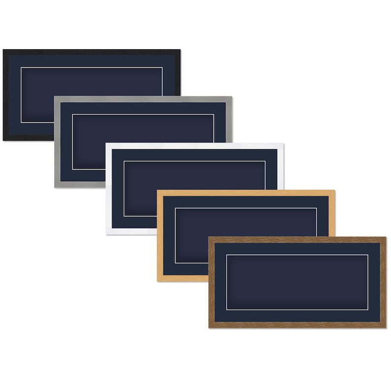 May include: A collection of rectangular picture frames in various colors, including black, silver, white, light brown, and dark brown. Each frame has a navy blue mat and a white inner border, creating a layered effect.