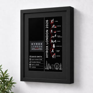 Op de afbeelding: Een zwart ingelijste print met de tekst HYROX LONDON 2026, een verticale rode lijn met acht oefeningspictogrammen en een witte skyline-silhouet. De print bevat de naam DAVID SMITH, evenementdetails, de datum 3 april 2026 en de tijd 1.39.58.