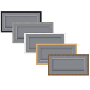 May include: A collection of rectangular picture frames in various colors, including black, gray, white, light brown, and dark brown. Each frame has a gray mat and a white inner border, showcasing a modern design.