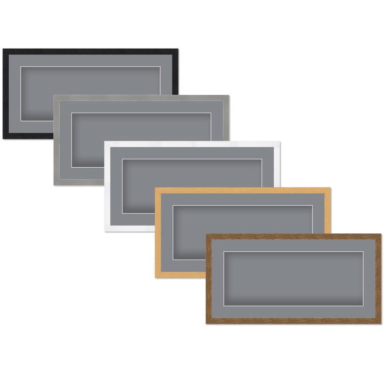 May include: A collection of rectangular picture frames in various colors, including black, gray, white, light brown, and dark brown. Each frame has a gray mat and a white inner border, showcasing a modern design.