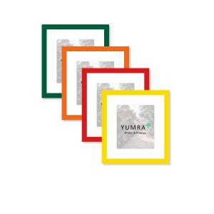 May include: Four picture frames in green, orange, red, and yellow. Each frame has a white mount and a landscape image. The yellow frame displays the "YUMRA Prints & Frames" logo.
