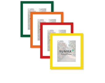 May include: Four colorful picture frames in green, orange, red, and yellow. Each frame has a white mat and a landscape image. The yellow frame displays the "YUMRA Prints & Frames" logo.