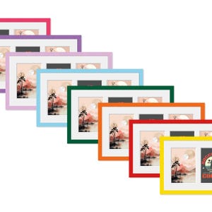 May include: A selection of multi-aperture photo frames in a range of colours: pink, purple, blue, green, orange, red, and yellow. Each frame displays three landscape images featuring trees and a moon.