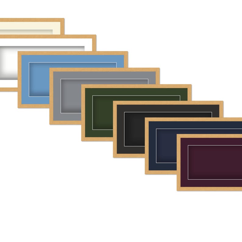 May include: A collection of rectangular picture frames in various colors, including cream, white, light blue, gray, dark green, black, navy, and burgundy. Each frame has a light brown wooden border and a white inner border.