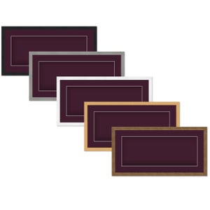 May include: A collection of rectangular picture frames in various colors, including black, silver, white, gold, and brown. Each frame has a deep purple matting and a white inner border, creating a layered effect. The frames are designed for displaying photographs or artwork.