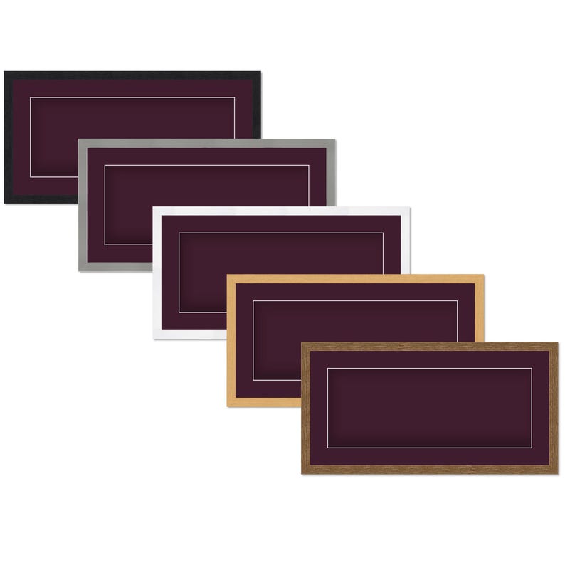 May include: A collection of rectangular picture frames in various colors, including black, silver, white, gold, and brown. Each frame has a deep purple matting and a white inner border, creating a layered effect. The frames are designed for displaying photographs or artwork.