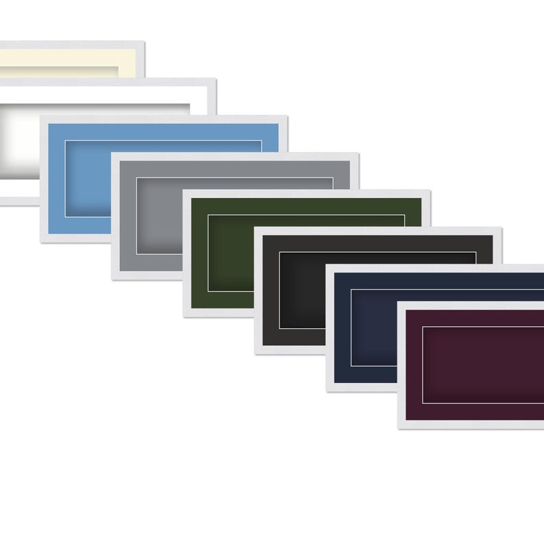 May include: A collection of rectangular picture frames in various colors, including blue, gray, green, black, navy, and burgundy. Each frame has a white border and a contrasting colored mat.