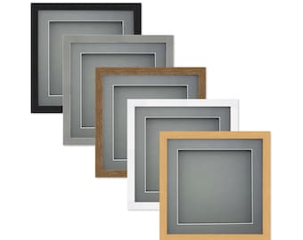 May include: A collection of square picture frames in various colors, including black, gray, brown, white, and light wood. Each frame has a gray mat and a white inner border, creating a layered effect. The frames are arranged diagonally.