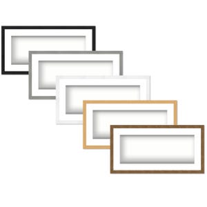 May include: A collection of rectangular picture frames in various colors: black, gray, white, light wood, and dark wood. Each frame has a white matting and a rectangular opening for displaying artwork or photos.