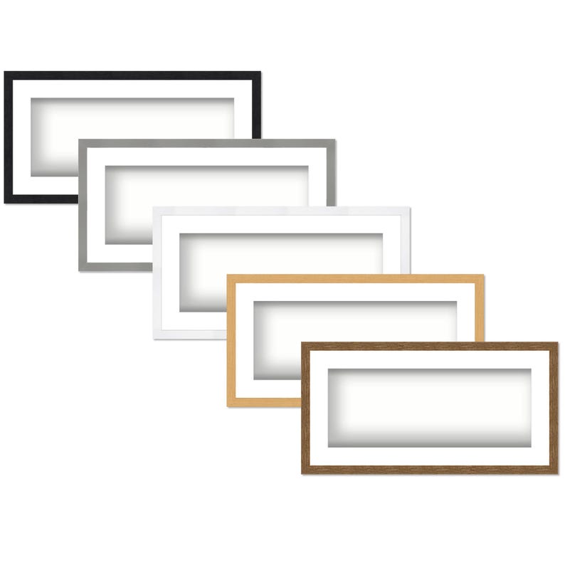 May include: A collection of rectangular picture frames in various colors: black, gray, white, light wood, and dark wood. Each frame has a white matting and a rectangular opening for displaying artwork or photos.