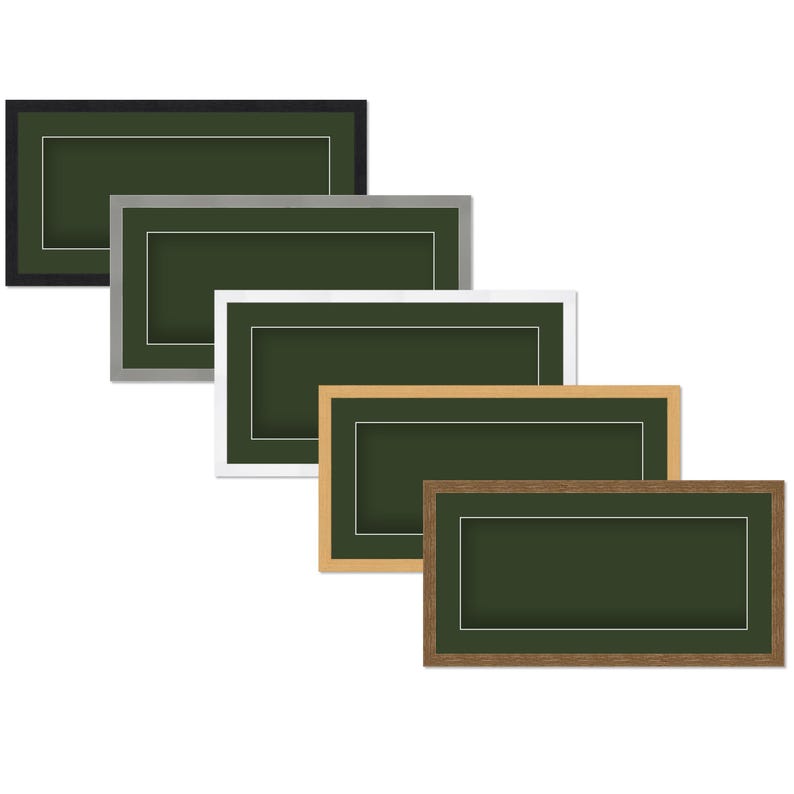 May include: A collection of rectangular picture frames in various colors, including black, silver, white, light wood, and dark wood. Each frame has a dark green mat and a white inner border, suitable for displaying photographs or artwork.