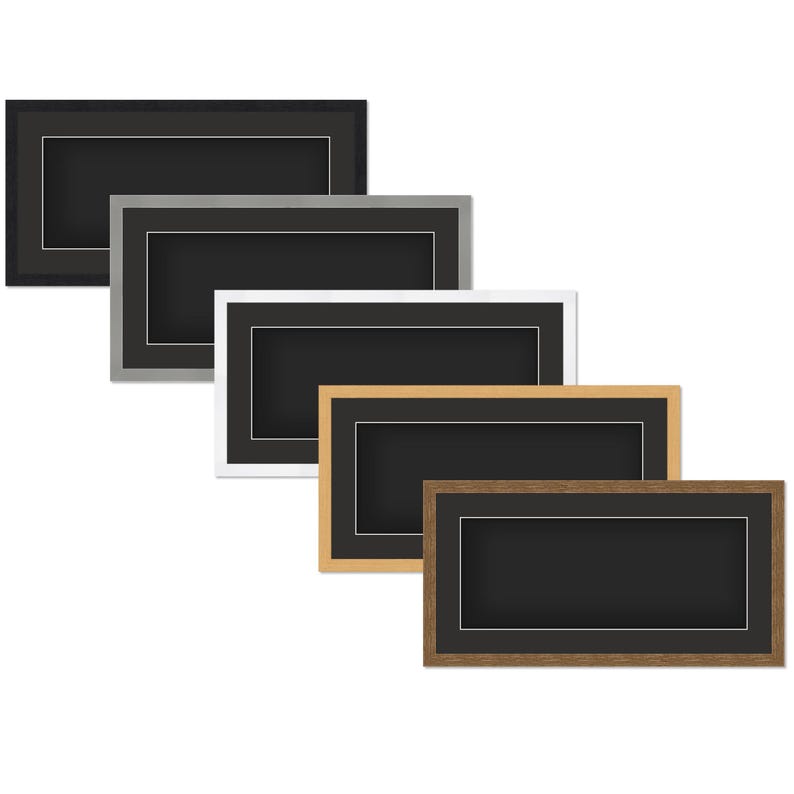 May include: A collection of rectangular picture frames in various colors, including black, silver, white, light brown, and dark brown. Each frame has a black interior and a white border, suitable for displaying photographs or artwork.