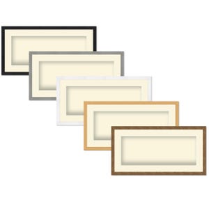 May include: A collection of rectangular picture frames in various colors, including black, gray, white, light wood, and dark wood. Each frame has a cream-colored matting and a rectangular opening for displaying artwork or photos.