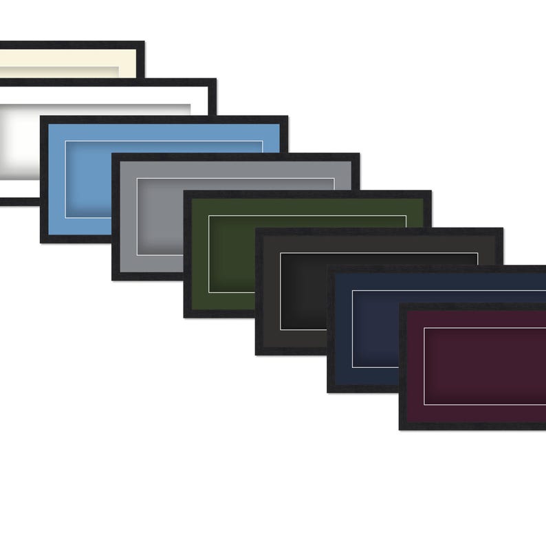 May include: A collection of rectangular picture frames in various colors, including blue, gray, green, black, navy, and burgundy. Each frame has a black border and a white inner border, creating a layered effect. The frames are arranged in a descending diagonal line.