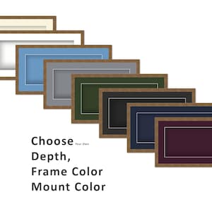 May include: A range of rectangular picture frames with different coloured mounts and wooden surrounds. The mounts are in shades of white, blue, grey, green, black, navy, and burgundy. Text on the image reads "Choose Depth, Frame Color, Mount Color."