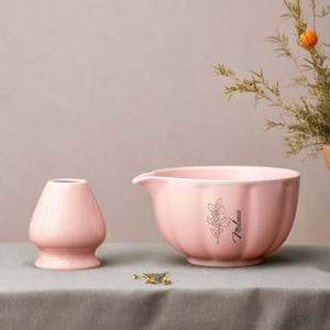 Customised Birthday Flower Matcha Bowl Set, Handmade Pink Matcha Bowl Creative Gift, Personalised Birth Flower Matcha Bowl Gift