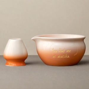 Matcha Romance Porcelain Set | Gold Lettering Orange Ombré Tea Bowl | Ceramic Chawan Gift | Gift for her