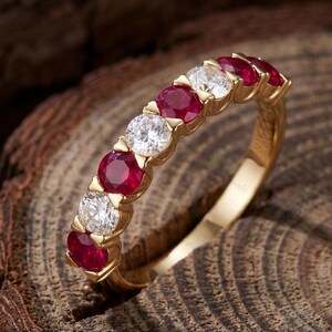 Round Cut Ruby Moissanite Wedding Band, Sterling Silver Stacking Gemstone Ring