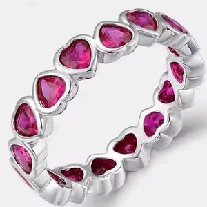 Pink Heart Eternity Wedding Ring, Ruby Rings, Sterling Silver Band, Handmade Jewelry Anniversary Gift