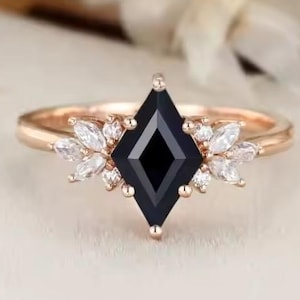 Kite Black Onyx Engagement Ring: Art Deco Rose Gold Plated Sterling Silver